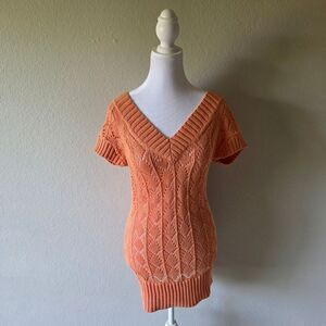 Cache Orange And Gold Metallic Thread Knit Crochet Tunic Medium